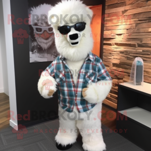 White Alpaca mascot costume character dressed with a Flannel Shirt and Tie pins