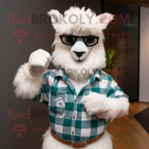 White Alpaca mascot costume character dressed with a Flannel Shirt and Tie pins