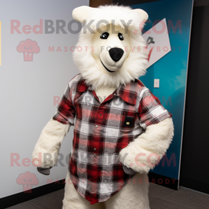 White Alpaca mascot costume character dressed with a Flannel Shirt and Tie pins