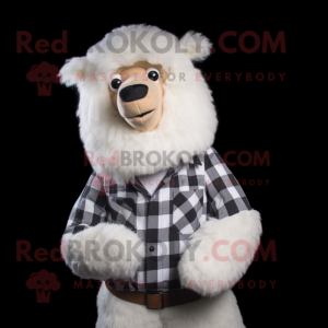 White Alpaca mascot costume character dressed with a Flannel Shirt and Tie pins