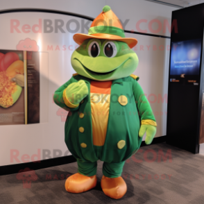 Peach Pot Of Gold mascot costume character dressed with a Turtleneck and Hats
