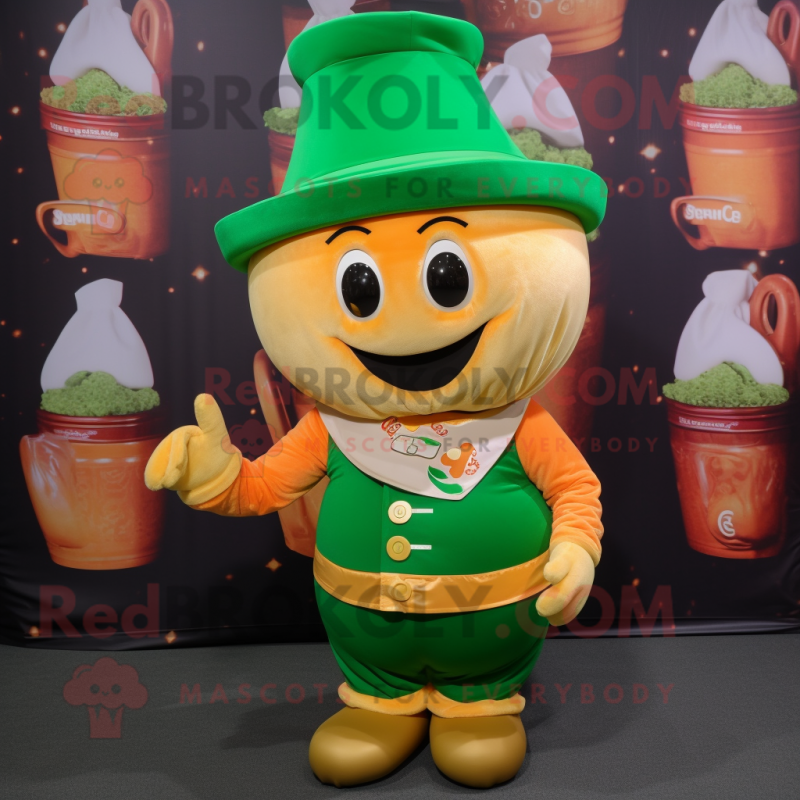 Peach Pot Of Gold mascot costume character dressed with a Turtleneck and Hats Peach Pot Of Gold mascot costume character dressed with a Turtleneck and Hats