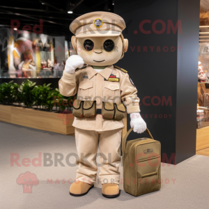 Beige Army Soldier mascot costume character dressed with a Jeans and Coin purses