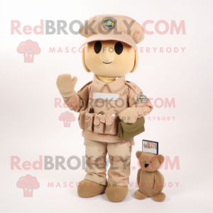 Beige Army Soldier mascot costume character dressed with a Jeans and Coin purses