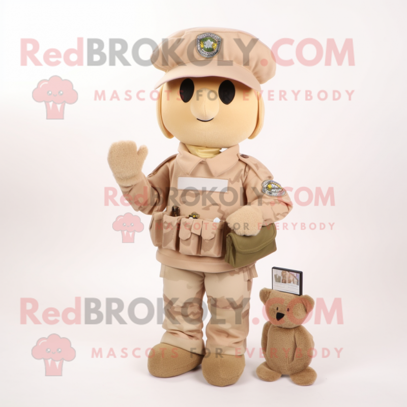 Beige Army Soldier mascot costume character dressed with a Jeans and Coin purses
