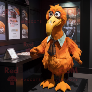 Orange Dodo Bird mascot costume character dressed with a Dress Shirt and Lapel pins