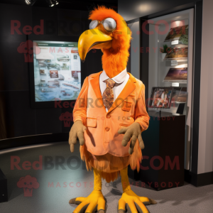 Orange Dodo Bird mascot costume character dressed with a Dress Shirt and Lapel pins