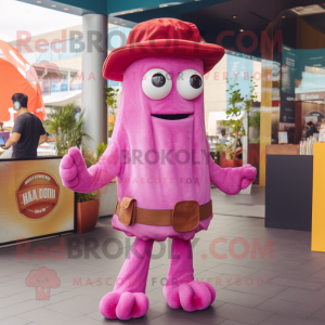 Magenta Fried Calamari mascot costume character dressed with a Bootcut Jeans and Brooches