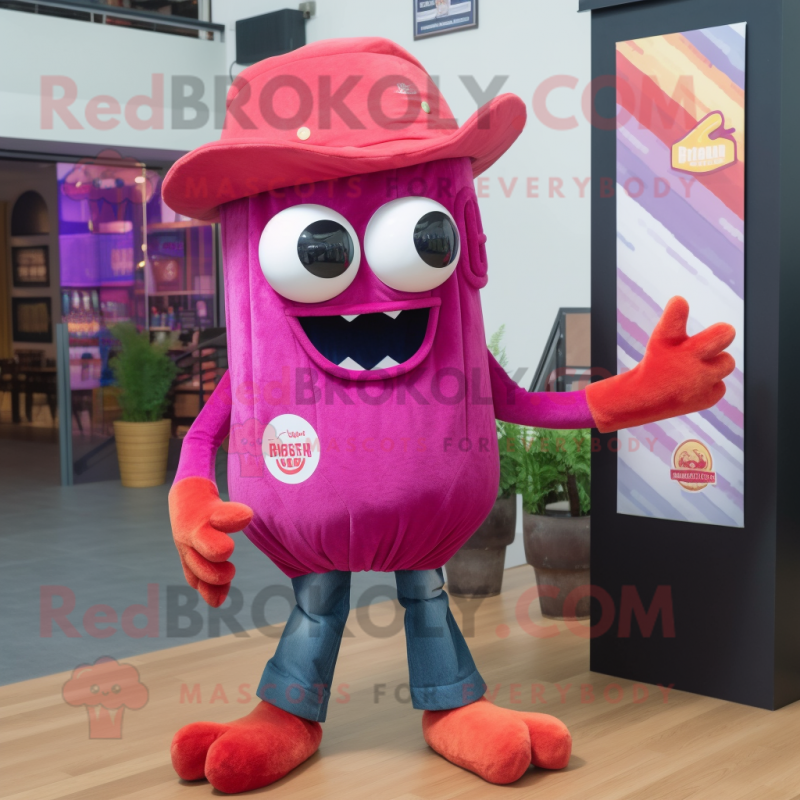 Magenta Fried Calamari mascot costume character dressed with a Bootcut Jeans and Brooches