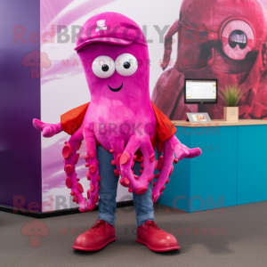 Magenta Fried Calamari mascot costume character dressed with a Bootcut Jeans and Brooches