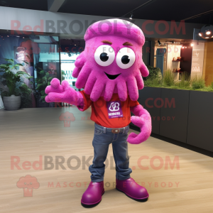 Magenta Fried Calamari mascot costume character dressed with a Bootcut Jeans and Brooches