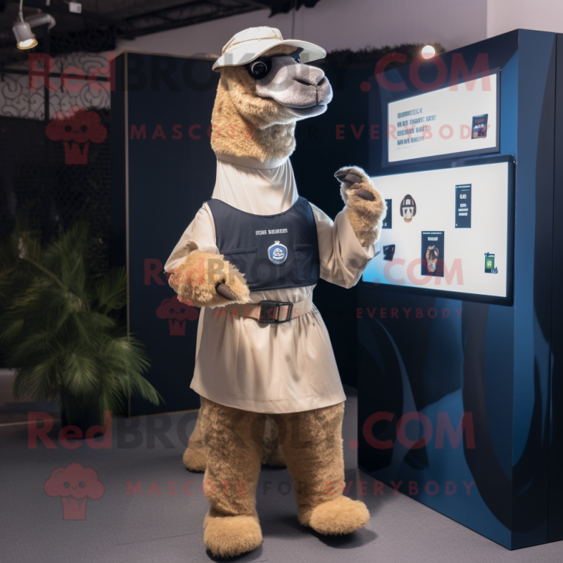 Navy Camel mascot costume character dressed with a Dungarees and Smartwatches