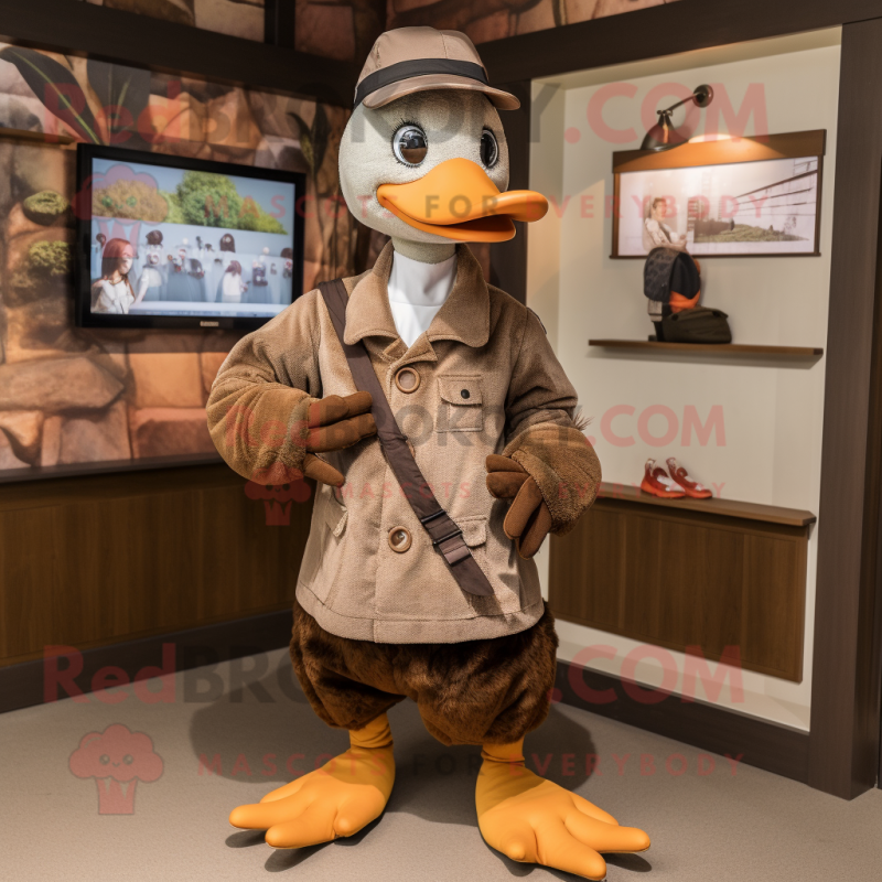 Brown Geese mascot costume character dressed with a Henley Shirt and Berets Brown Geese mascot costume character dressed with a Henley Shirt and Berets