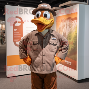 Brown Geese mascot costume character dressed with a Henley Shirt and Berets