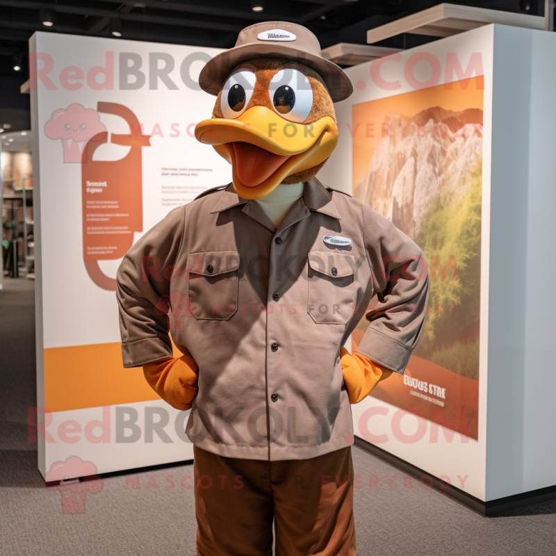 Brown Geese mascot costume character dressed with a Henley Shirt and Berets Brown Geese mascot costume character dressed with a Henley Shirt and Berets