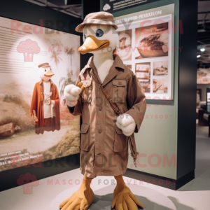 Brown Geese mascot costume character dressed with a Henley Shirt and Berets
