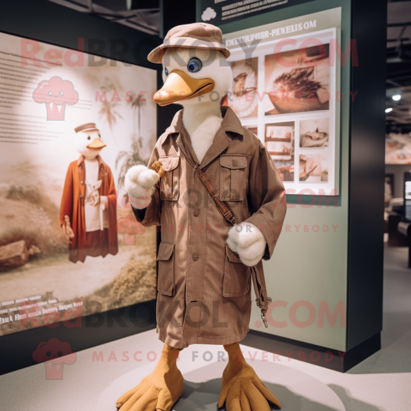 Brown Geese mascot costume character dressed with a Henley Shirt and Berets Brown Geese mascot costume character dressed with a Henley Shirt and Berets
