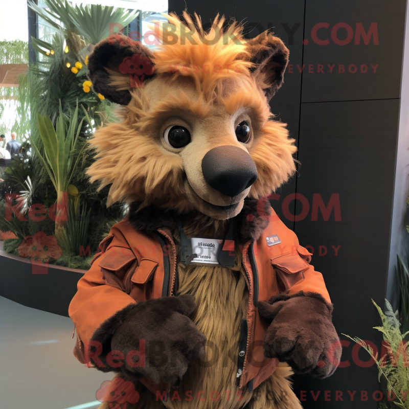 Rust Hyena mascot costume character dressed with a Jacket and Hair 
