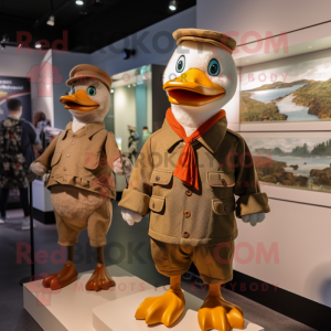 Brown Geese mascot costume character dressed with a Henley Shirt and Berets