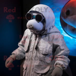 Gray Beluga Whale mascot costume character dressed with a Parka and Sunglasses