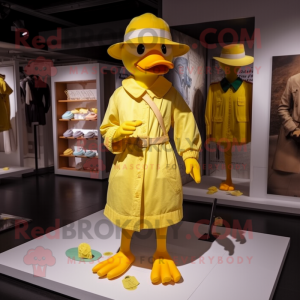 Lemon Yellow Muscovy Duck mascot costume character dressed with a Playsuit and Hat pins