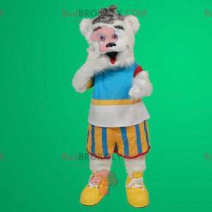 Mascote do ursinho de pelúcia branco com roupa colorida -