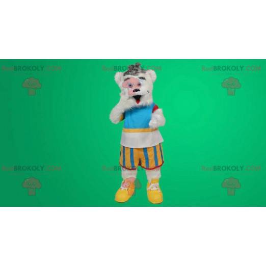 White teddy bear mascot in colorful outfit - Redbrokoly.com
