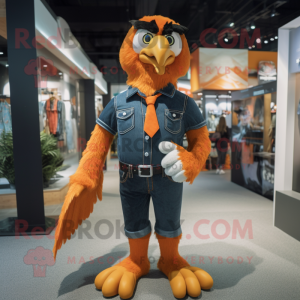 Orange Hawk mascot costume character dressed with a Mom Jeans and Tie pins