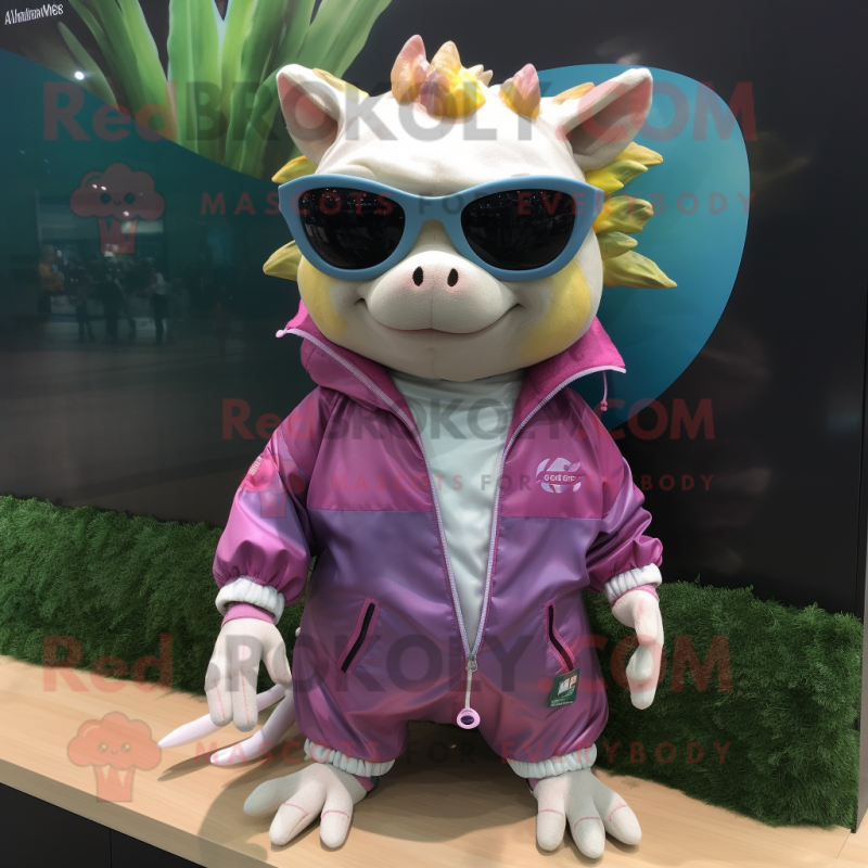nan Axolotls mascot costume character dressed with a Windbreaker and Sunglasses nan Axolotls mascot costume character dressed with a Windbreaker and Sunglasses