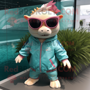 nan Axolotls mascot costume character dressed with a Windbreaker and Sunglasses