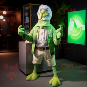 Lime Green Albatross mascot costume character dressed with a Waistcoat and Bracelets