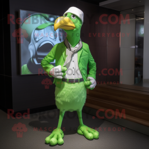 Lime Green Albatross mascot costume character dressed with a Waistcoat and Bracelets