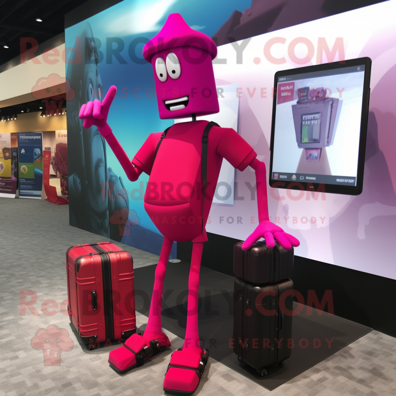 Magenta Stilt Walker mascot costume character dressed with a Tank Top and Briefcases Magenta Stilt Walker mascot costume character dressed with a Tank Top and Briefcases