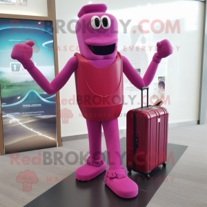 Magenta Stilt Walker mascot costume character dressed with a Tank Top and Briefcases
