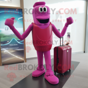 Magenta Stilt Walker mascot costume character dressed with a Tank Top and Briefcases