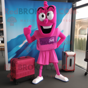 Magenta Stilt Walker mascot costume character dressed with a Tank Top and Briefcases