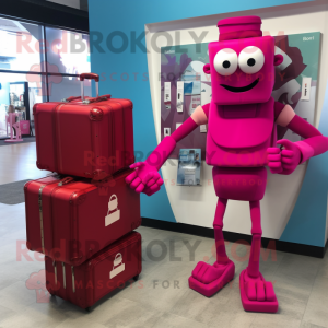 Magenta Stilt Walker mascot costume character dressed with a Tank Top and Briefcases