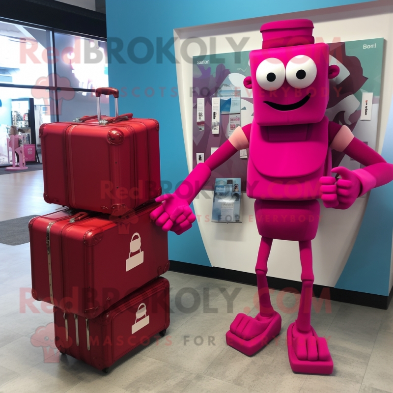 Magenta Stilt Walker mascot costume character dressed with a Tank Top and Briefcases Magenta Stilt Walker mascot costume character dressed with a Tank Top and Briefcases