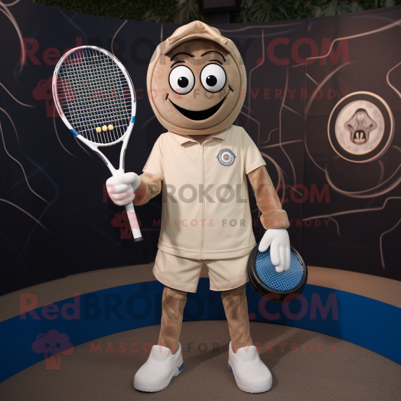 Tan Tennis Racket mascot costume character dressed with a Jeans and Rings Tan Tennis Racket mascot costume character dressed with a Jeans and Rings
