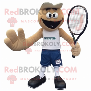 Tan Tennis Racket mascot costume character dressed with a Jeans and Rings