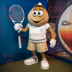 Tan Tennis Racket mascot costume character dressed with a Jeans and Rings