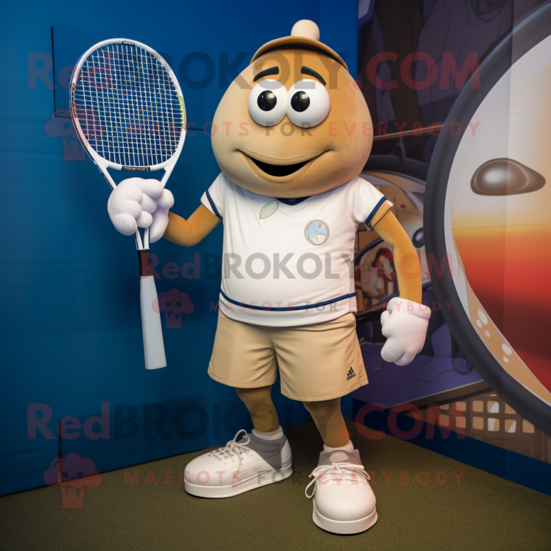 Tan Tennis Racket mascot costume character dressed with a Jeans and Rings Tan Tennis Racket mascot costume character dressed with a Jeans and Rings