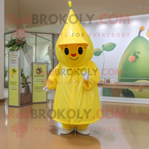 Yellow Pear mascot costume character dressed with a Raincoat and Cummerbunds