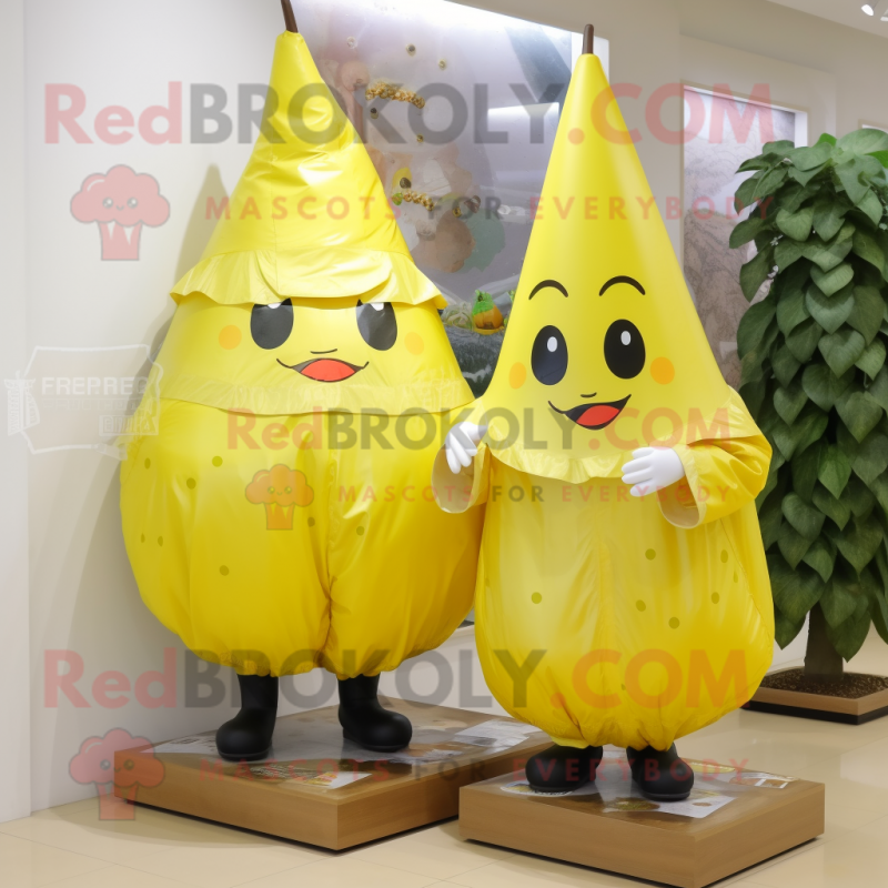 Yellow Pear mascot costume character dressed with a Raincoat and Cummerbunds