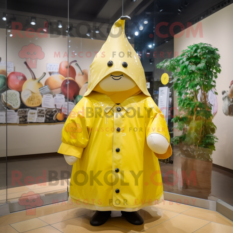 Yellow Pear mascot costume character dressed with a Raincoat and Cummerbunds