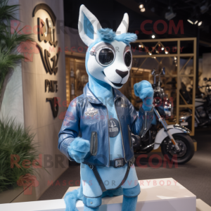 Sky Blue Gazelle mascot costume character dressed with a Moto Jacket and Keychains