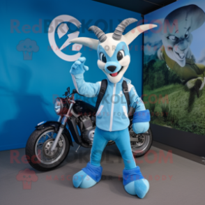 Sky Blue Gazelle mascot costume character dressed with a Moto Jacket and Keychains