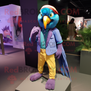 Lavender Macaw mascot costume character dressed with a Overalls and Clutch bags