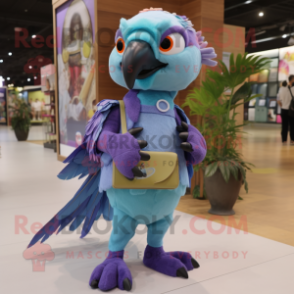 Lavender Macaw mascot costume character dressed with a Overalls and Clutch bags