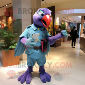 Lavender Macaw mascot costume character dressed with a Overalls and Clutch bags